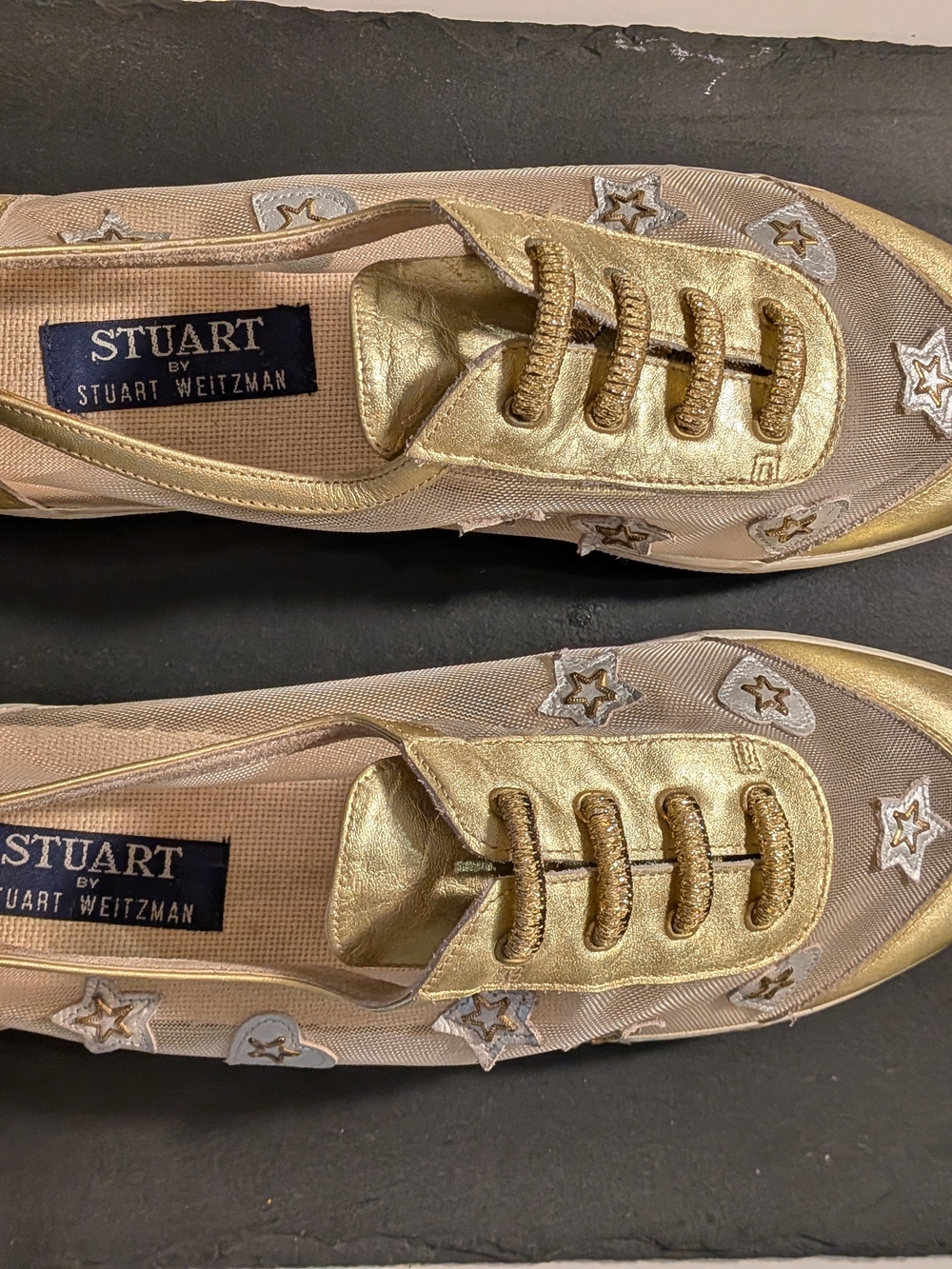 Stuart Weitzman Gold and Beige Mesh Star Appliqué Sneakers